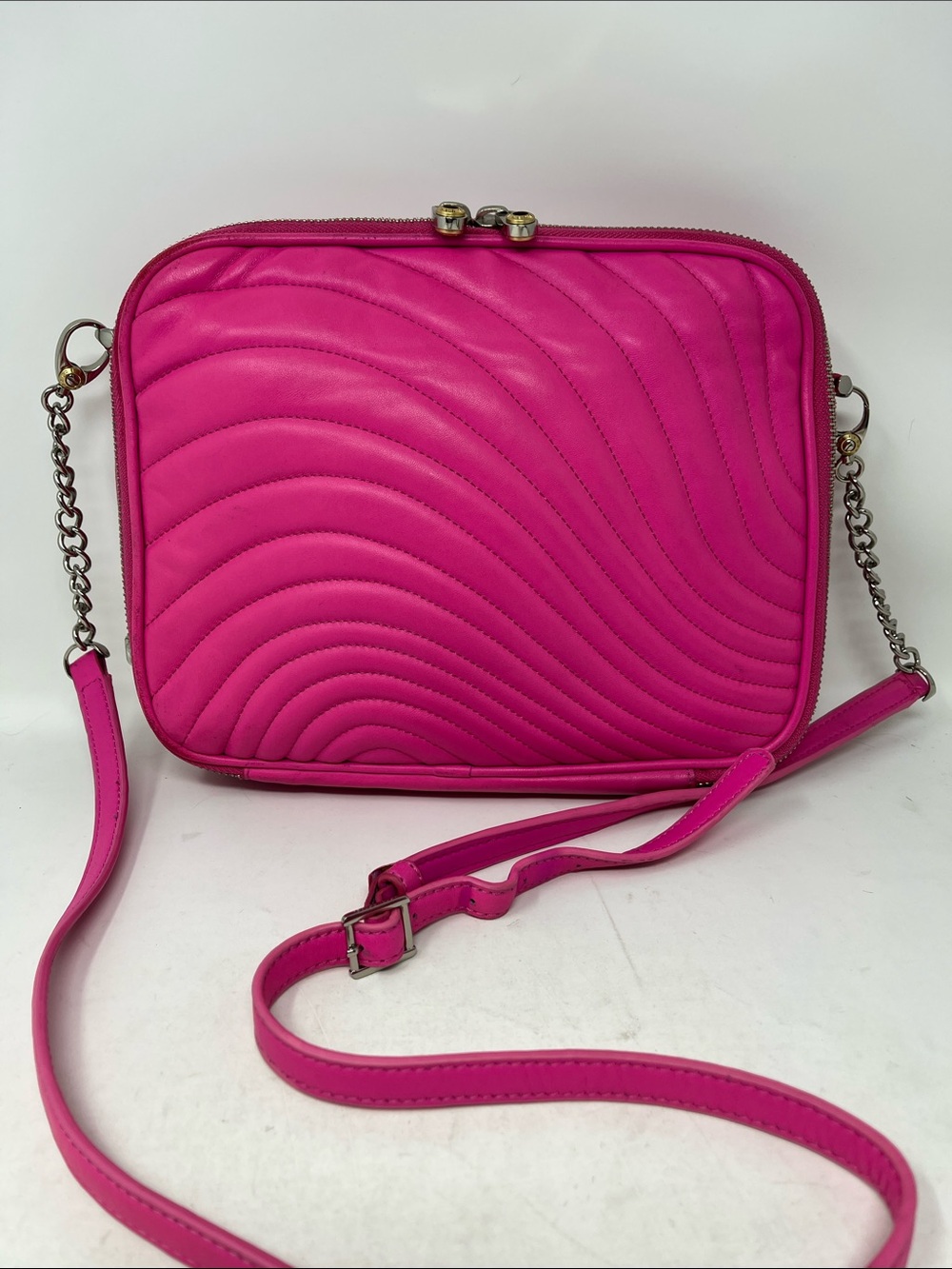 RARE Henri Bendel No. 7 East West Quilted Leather iPad Crossbody Bag - Hot Pink
